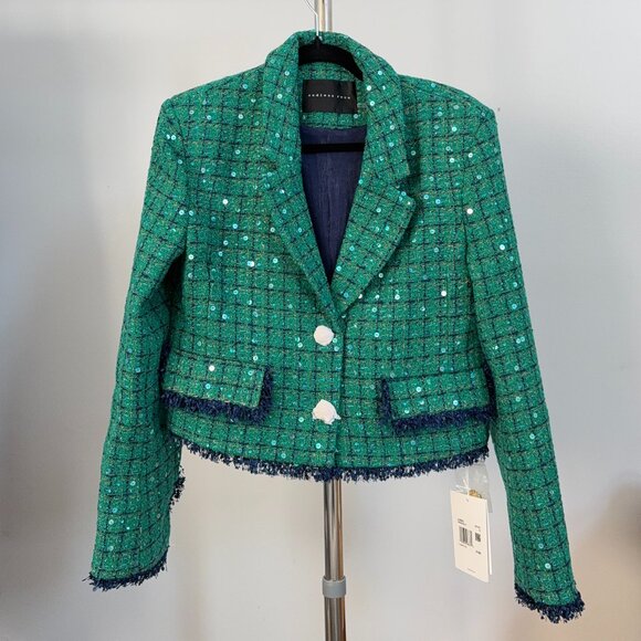 NWT Endless Rose Premium Green Navy Tweed Sequin Cropped Blazer Jacket Sz S - Picture 3 of 7